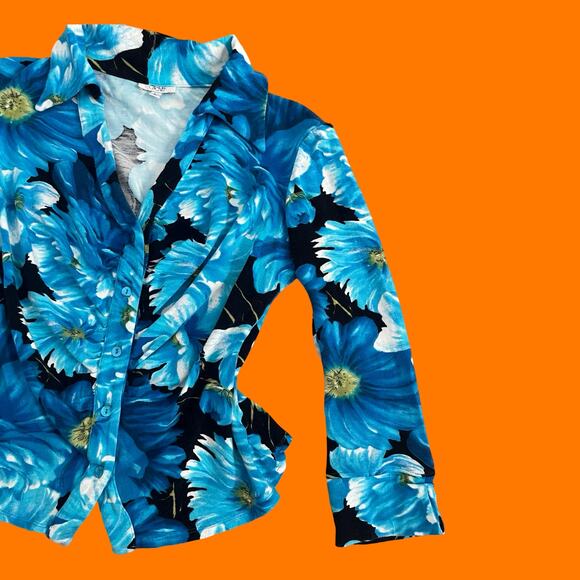 90's 00's vintage daisy floral collared bodycon blouse y2k LARGE caché - Picture 4 of 7